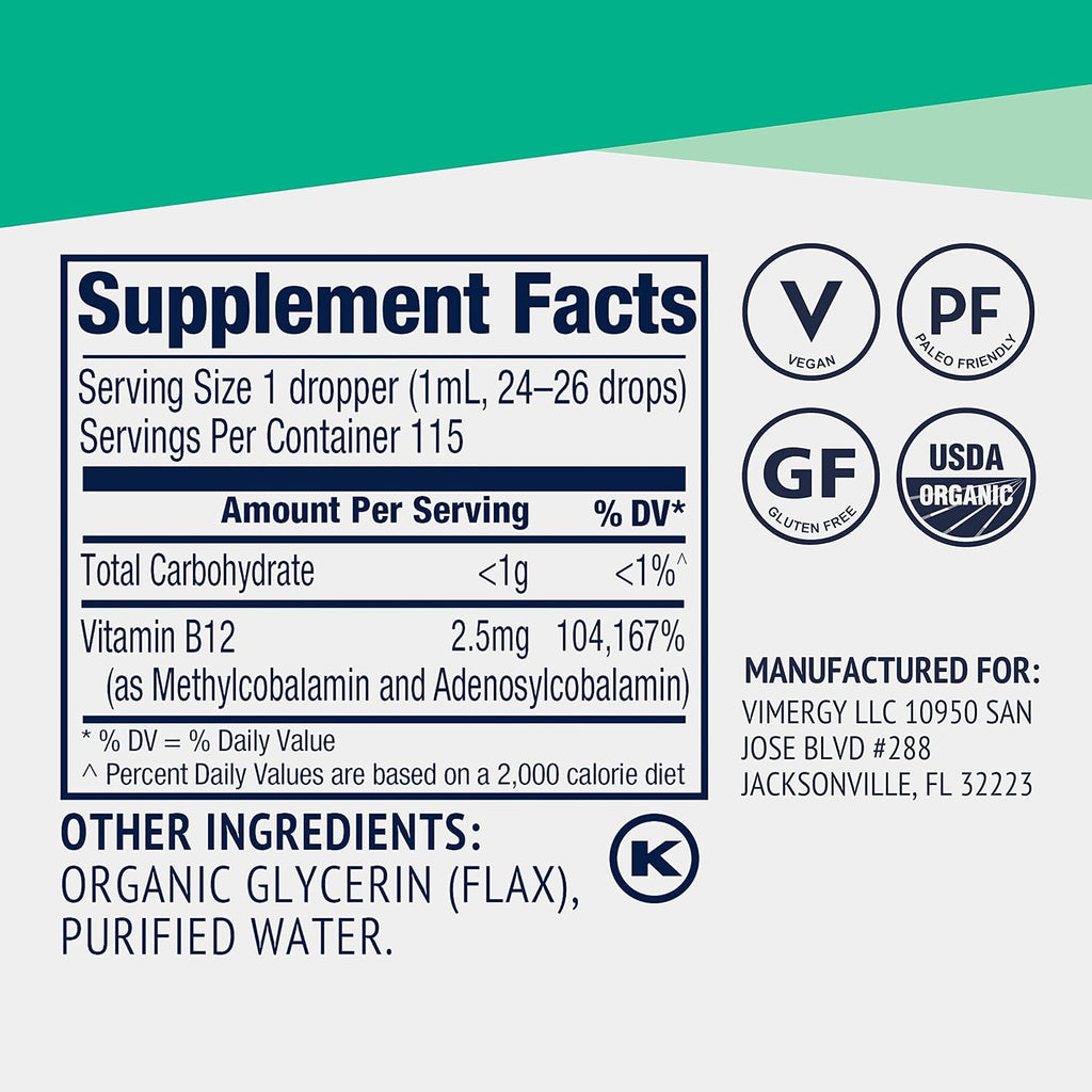 Vimergy Suplemento Líquido de Vitamina B12 Orgánica 2500 mcg, Metilcobalamina y Adenosilcobalamina, 115 ml