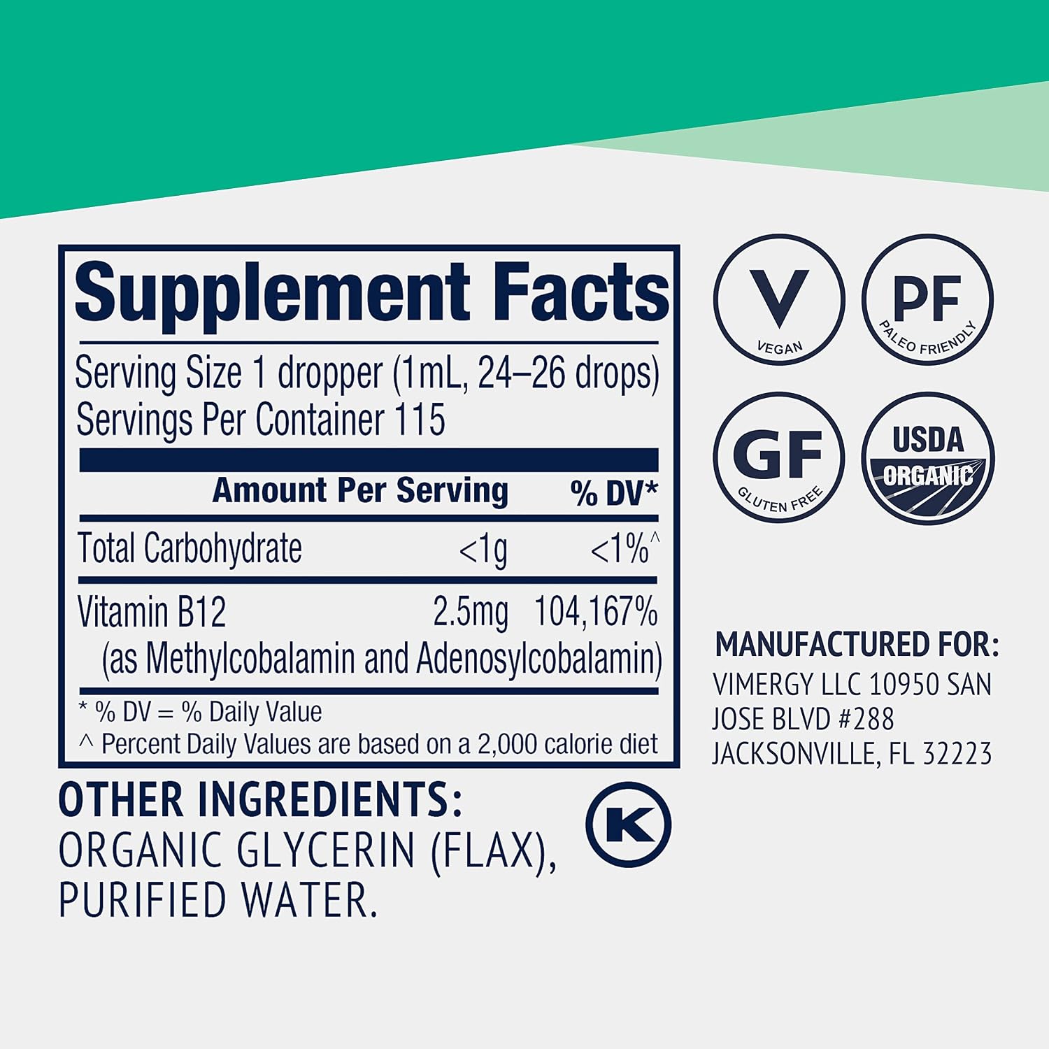 Vimergy Suplemento Líquido de Vitamina B12 Orgánica 2500 mcg, Metilcobalamina y Adenosilcobalamina, 115 ml