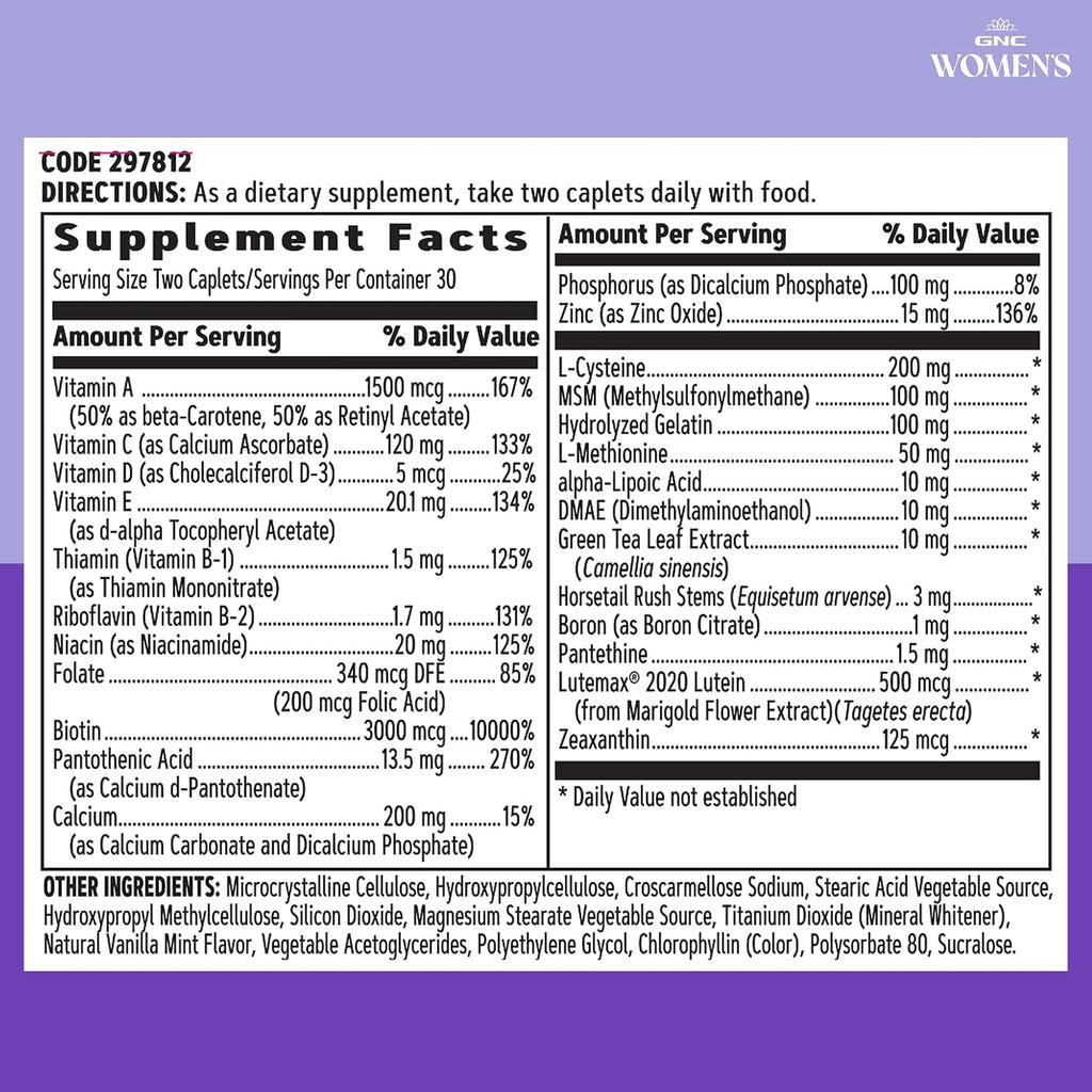 GNC Women's Hair, Skin & Nails - Complejo multivitamínico para mujer con Biotina, Ácido Hialurónico, Vitaminas C y E - 60 comprimidos