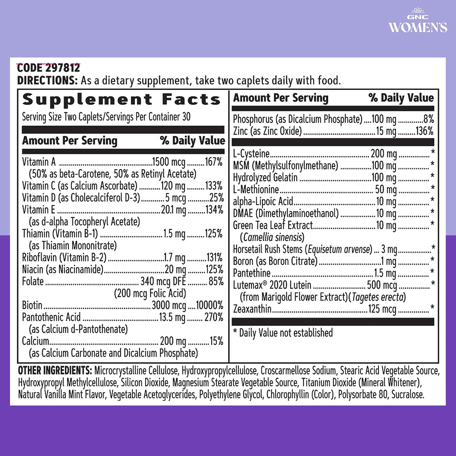 GNC Women's Hair, Skin & Nails - Complejo multivitamínico para mujer con Biotina, Ácido Hialurónico, Vitaminas C y E - 60 comprimidos