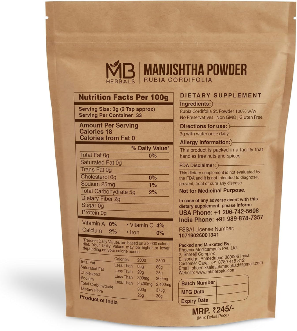 MB Herbals Manjishtha | Rubia cordifolia Root | Indian Madder | 100g Powder