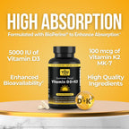You Vites Vitamina D3 + K2 - Máxima Absorción, 5000 UI D3 y 100 mcg K2 MK-7 con BioPerine - Apoyo Óseo, Cardíaco e Inmunológico - No Transgénico, Sin Gluten - 90 Cápsulas