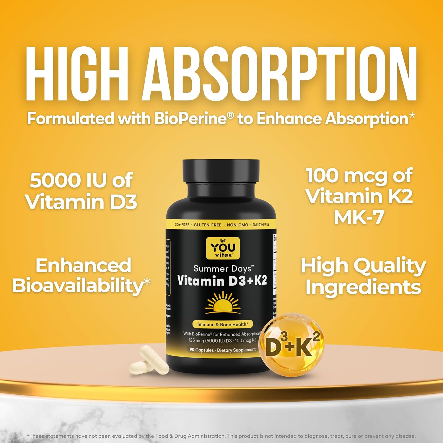 You Vites Vitamina D3 + K2 - Máxima Absorción, 5000 UI D3 y 100 mcg K2 MK-7 con BioPerine - Apoyo Óseo, Cardíaco e Inmunológico - No Transgénico, Sin Gluten - 90 Cápsulas