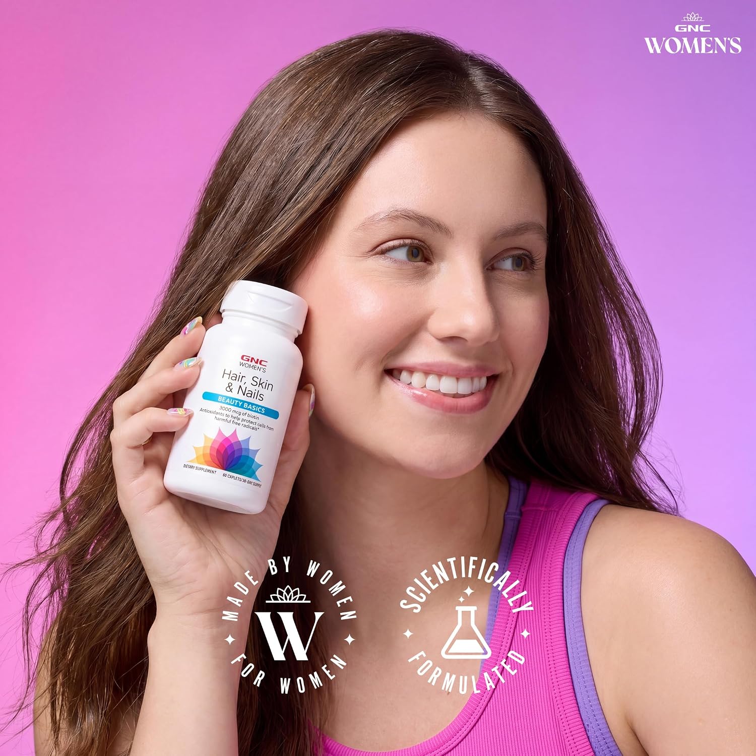 GNC Women's Hair, Skin & Nails - Complejo multivitamínico para mujer con Biotina, Ácido Hialurónico, Vitaminas C y E - 60 comprimidos