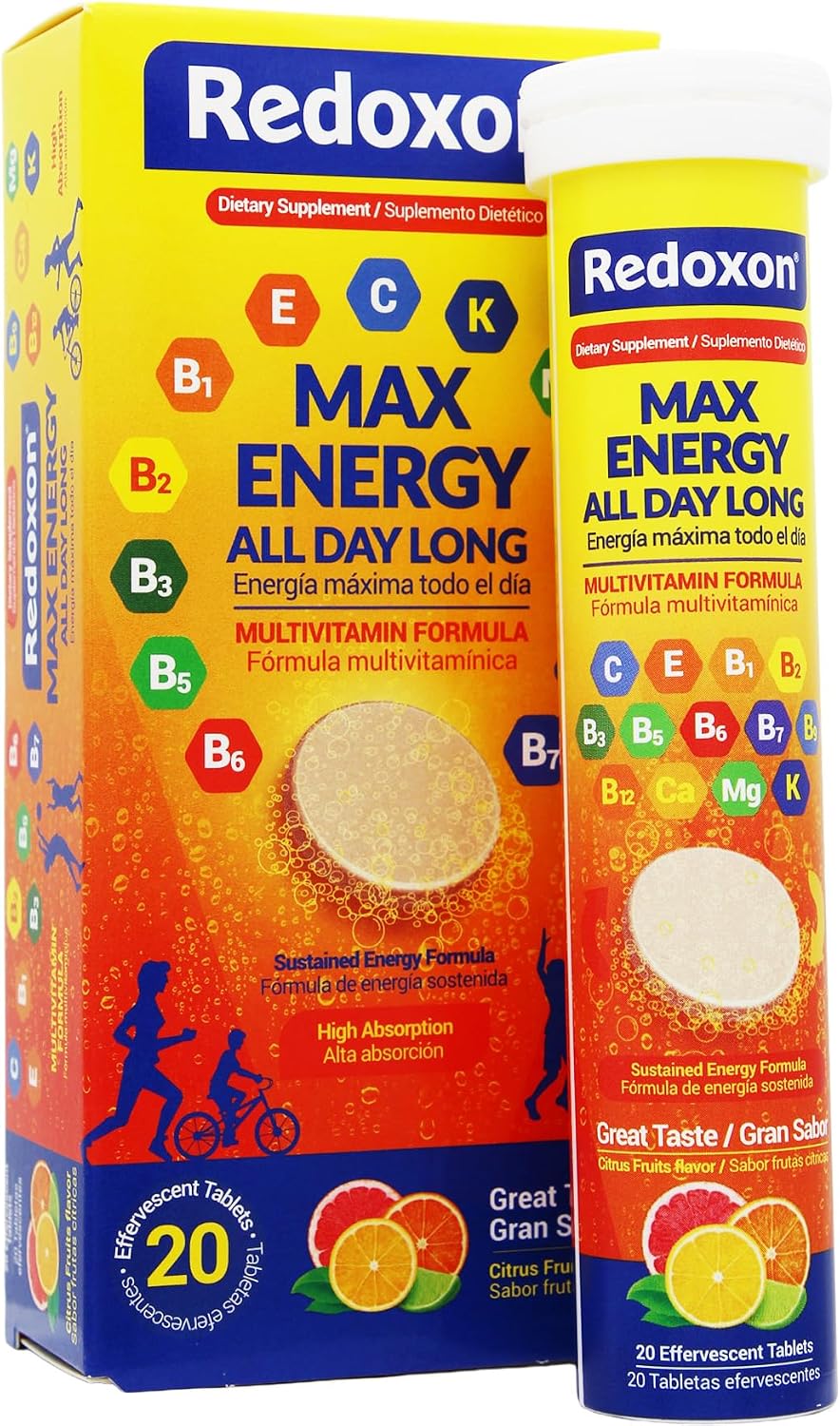 Redoxon Max Energy, Ayuda a Apoyar el Sistema Inmunitario, Sabor Naranja, 20 Comprimidos Efervescentes