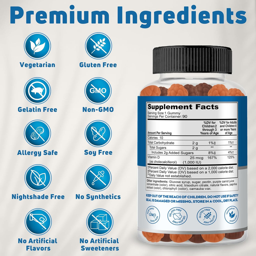 NUELATION Vitamina D3 Gummies para Niños - 1000 IU, 90 dosis