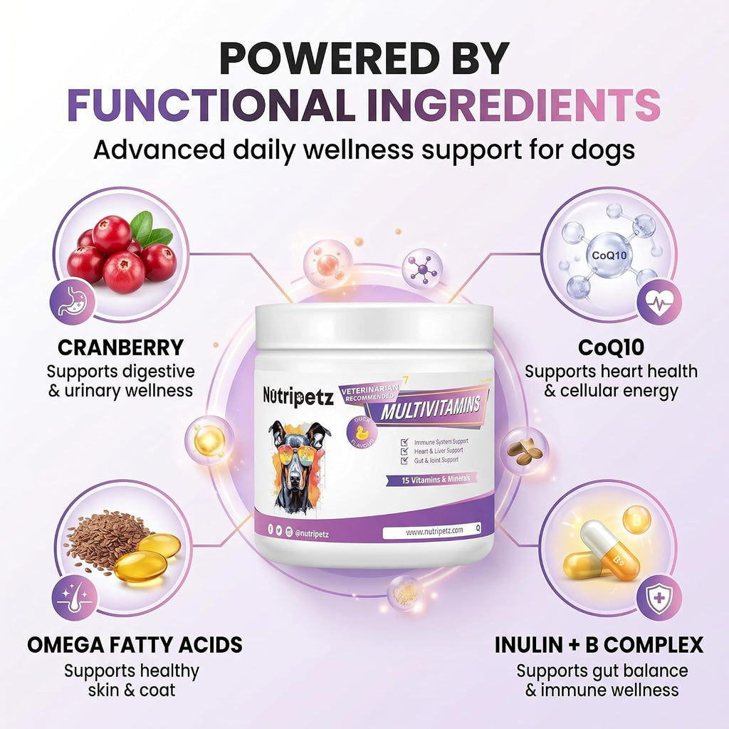Nutripetz Suplemento Multivitamínico para Perros y Gatos, 120 Masticables Sabor Pato con Glucosamina y Probióticos