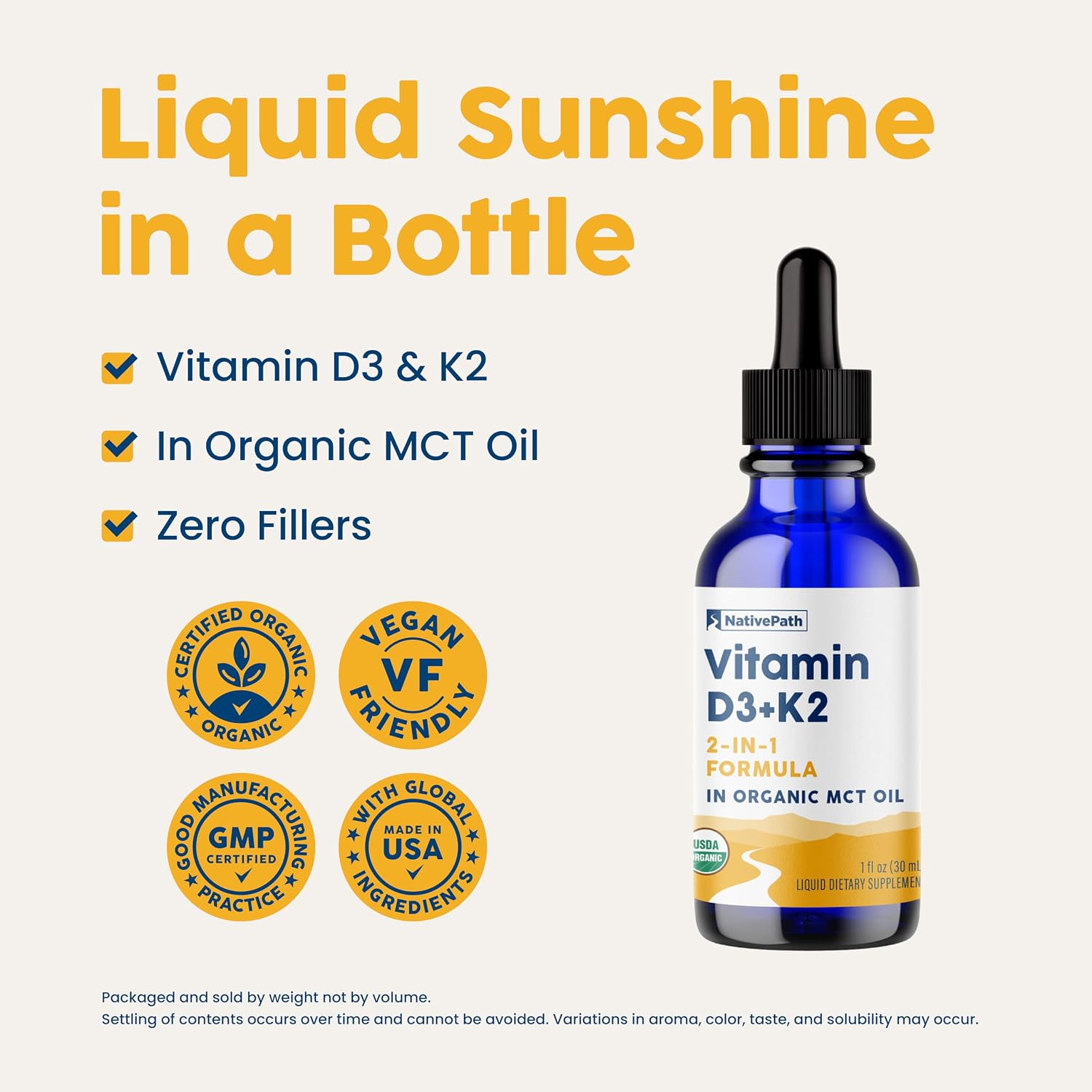 NativePath D3K2 Tincture – Vitamina D3 y K2 con Aceite MCT Orgánico – 30 dosis