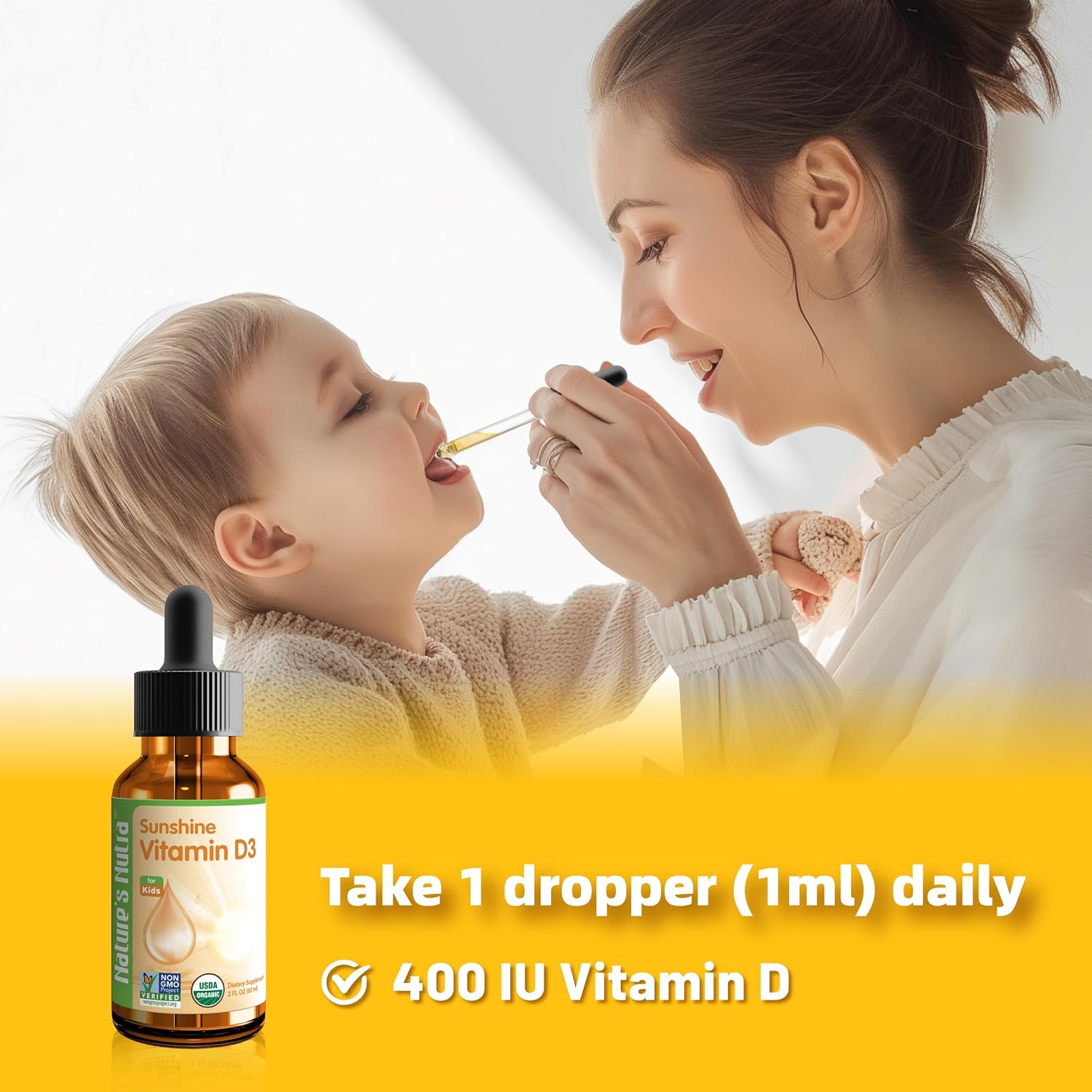 Nature's Nutra Sunshine Vitamina D3 400IU, Gotas Líquidas para Bebés y Niños, 60 ml