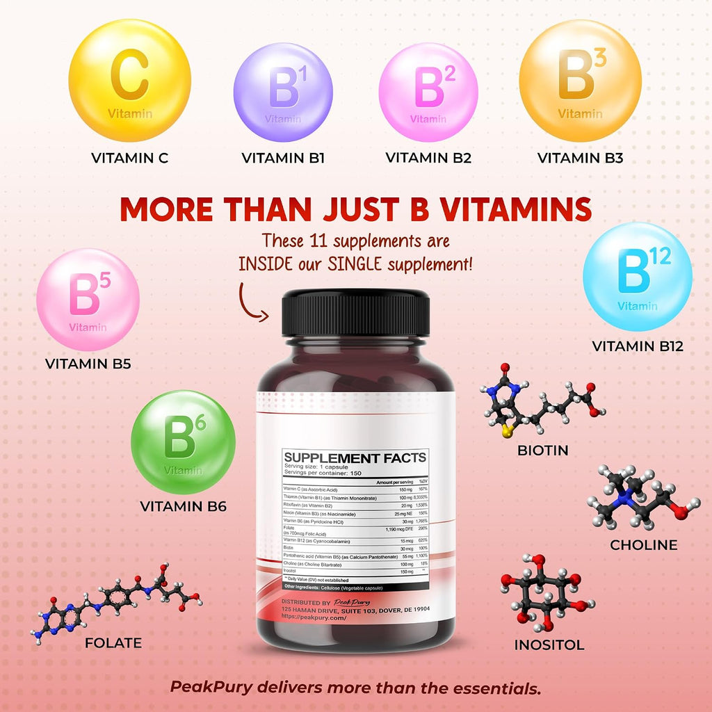 Ultra Complejo B con Vitamina C – Apoya la Salud Cerebral y Promueve el Cabello, la Piel y las Uñas Saludables – Alta Potencia B1, B2, B3, Folato, B12, Biotina, B5 y Colina – 150 Cápsulas