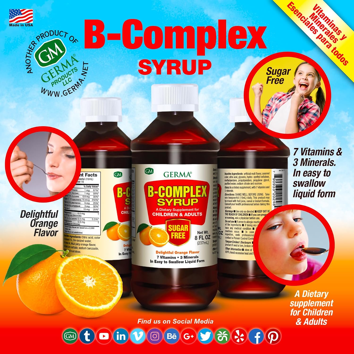 Germa Jarabe Complejo B - Suplemento de Vitaminas B, Sin Azúcar, Sabor Naranja, 237 ml