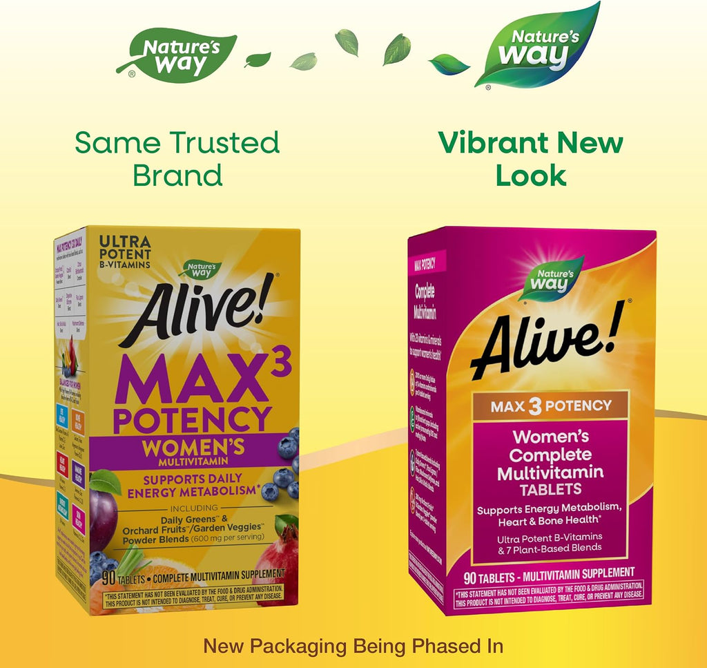 Nature's Way Alive! Max3 Potencia Mujer Multivitamínico Completo, Apoya el Metabolismo Energético, Salud del Corazón y Huesos, con Vitaminas B Metiladas, 90 Comprimidos