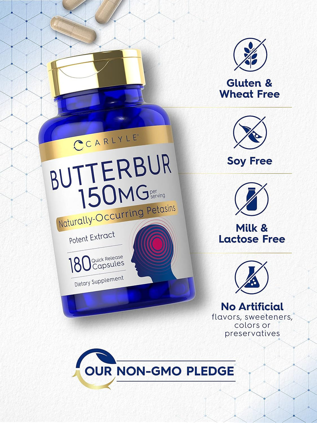 Carlyle Suplemento de Butterbur (Petasites) 150 mg | 180 Cápsulas | Extracto de Partes Aéreas Libre de PA | No Transgénico y Sin Gluten
