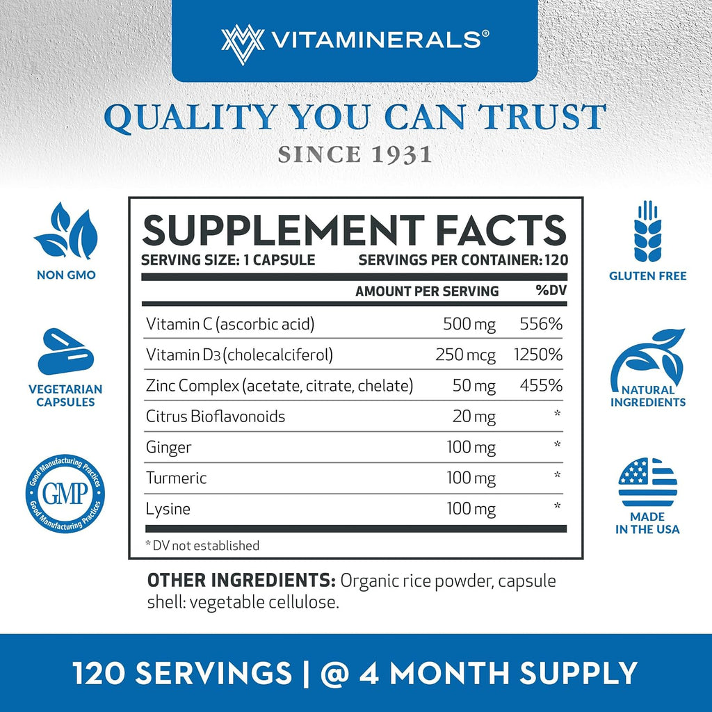 Vitaminerals® Z D C, Complejo de Zinc 50mg, Vitamina D3 250mcg, Vitamina C 500mg, con Jengibre, Lisina, Cúrcuma y Bioflavonoides - 120 Cápsulas Vegetarianas