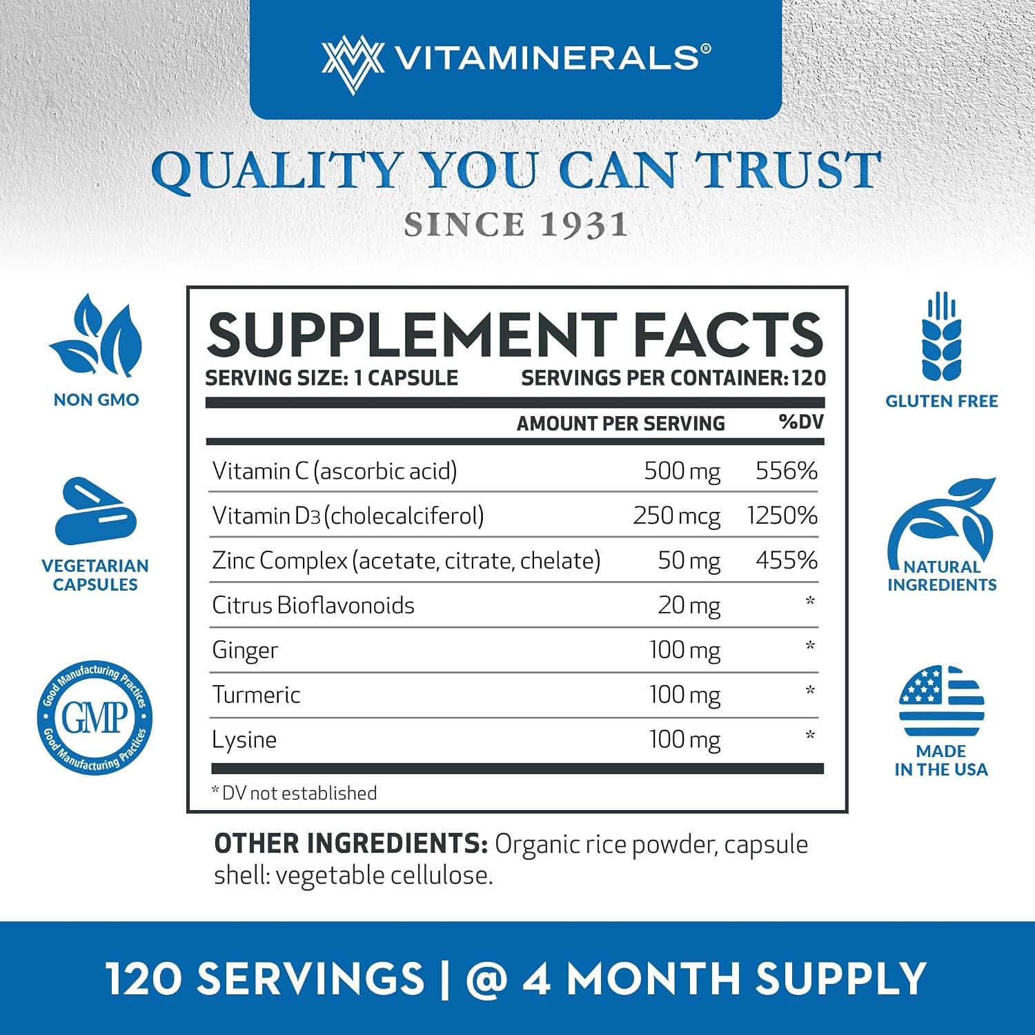 Vitaminerals® Z D C, Complejo de Zinc 50mg, Vitamina D3 250mcg, Vitamina C 500mg, con Jengibre, Lisina, Cúrcuma y Bioflavonoides - 120 Cápsulas Vegetarianas