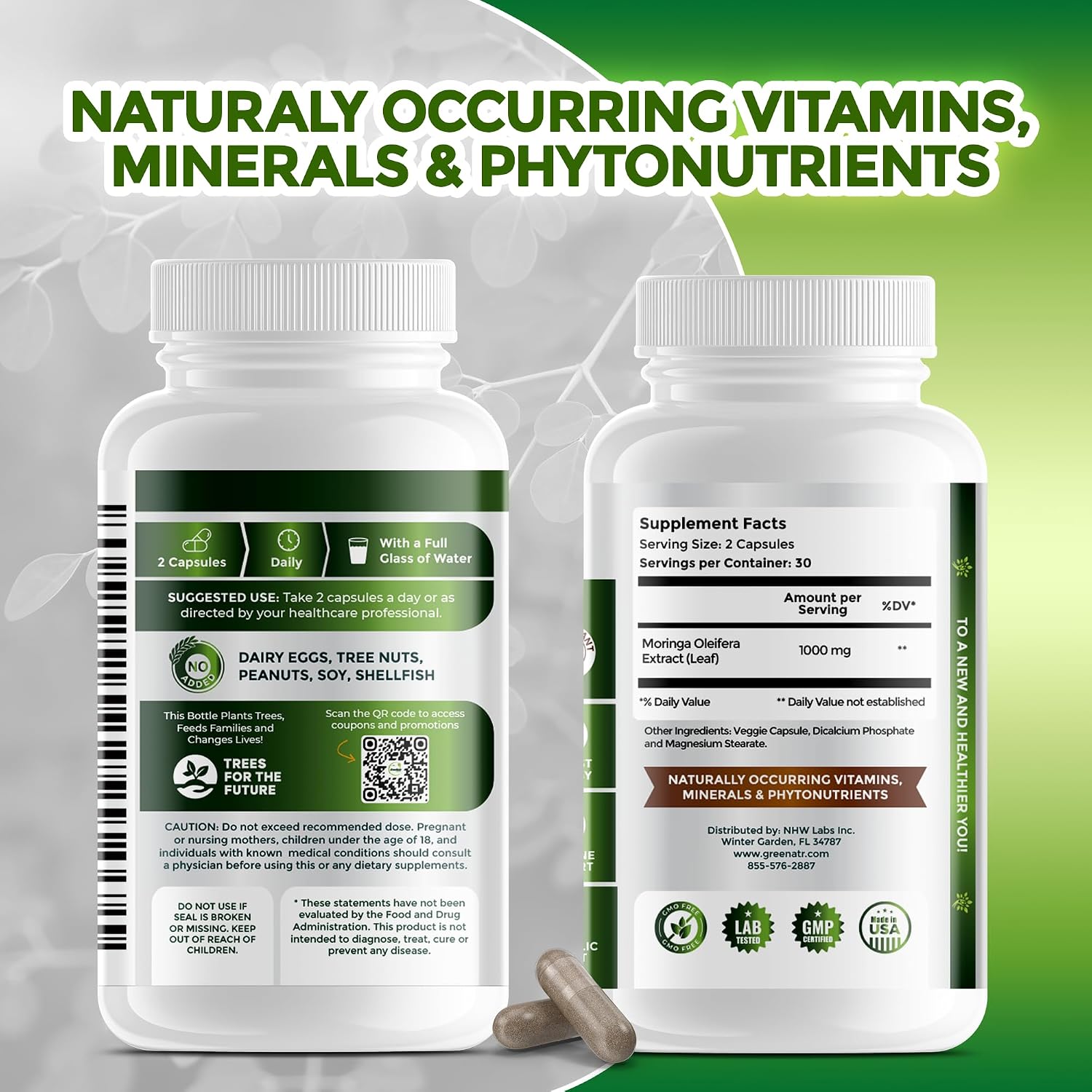 Cápsulas de Moringa Oleifera Pura - Superalimento Verde con Vitamina C, Omega 3 y Aminoácidos - 60 Cápsulas