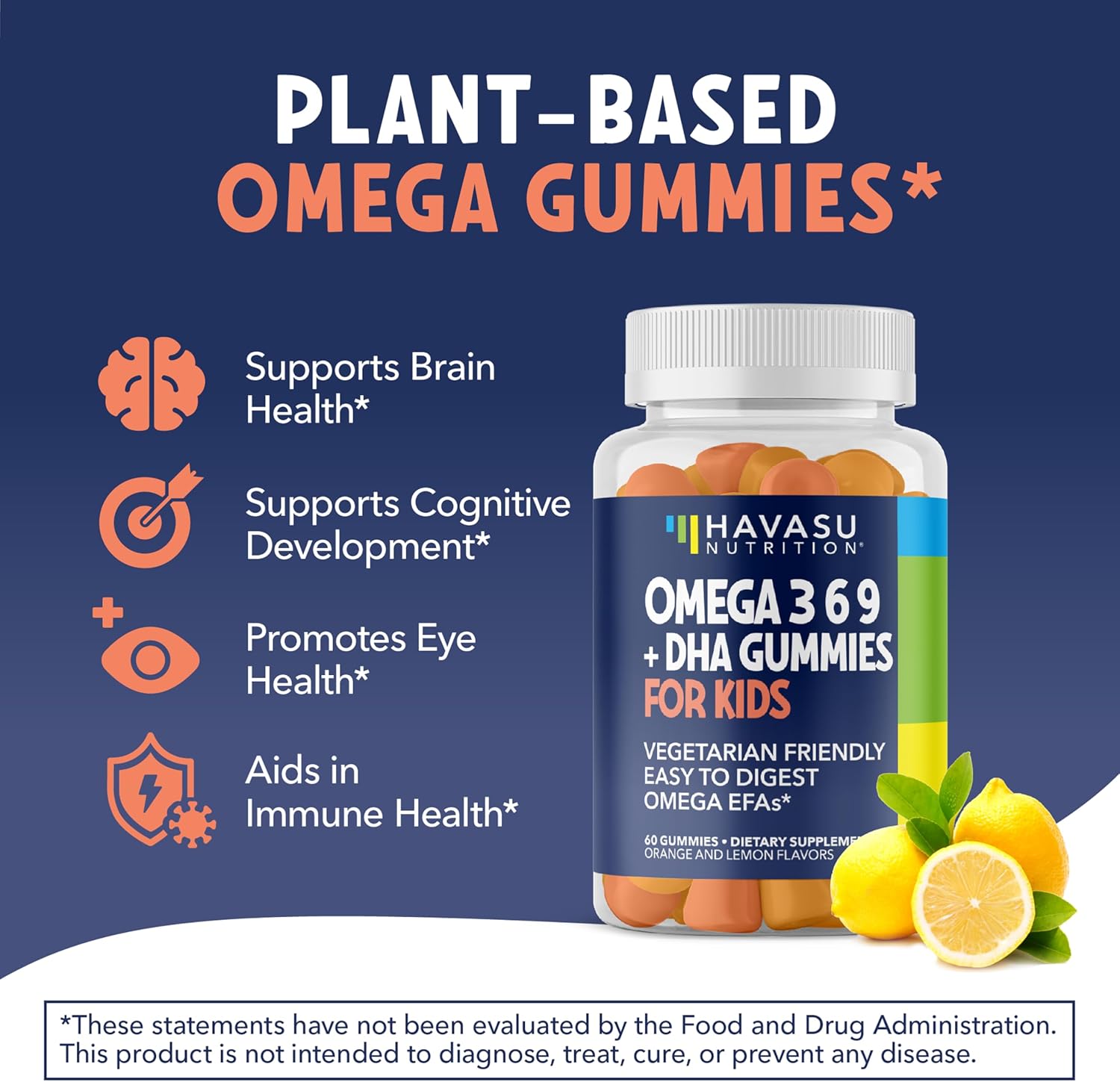 Gomitas de Omega 3-6-9 + DHA para Niños, Sabor Limón y Naranja, 60 Unidades