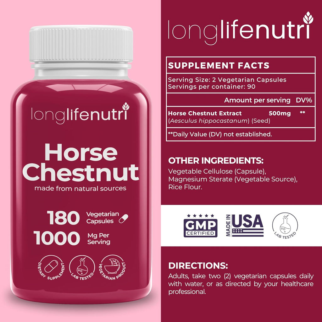 Extracto de Castaño de Indias 500mg - 180 Cápsulas Veganas, Suplemento Orgánico para la Circulación