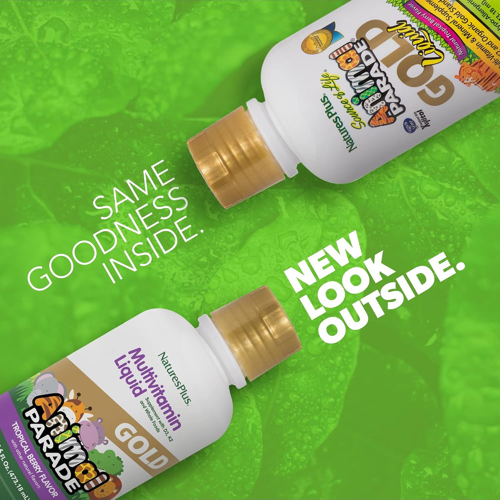 NaturesPlus Animal Parade Gold Multivitamínico Líquido para Niños - 473 ml (16 fl oz) - Sabor Tropical Berry