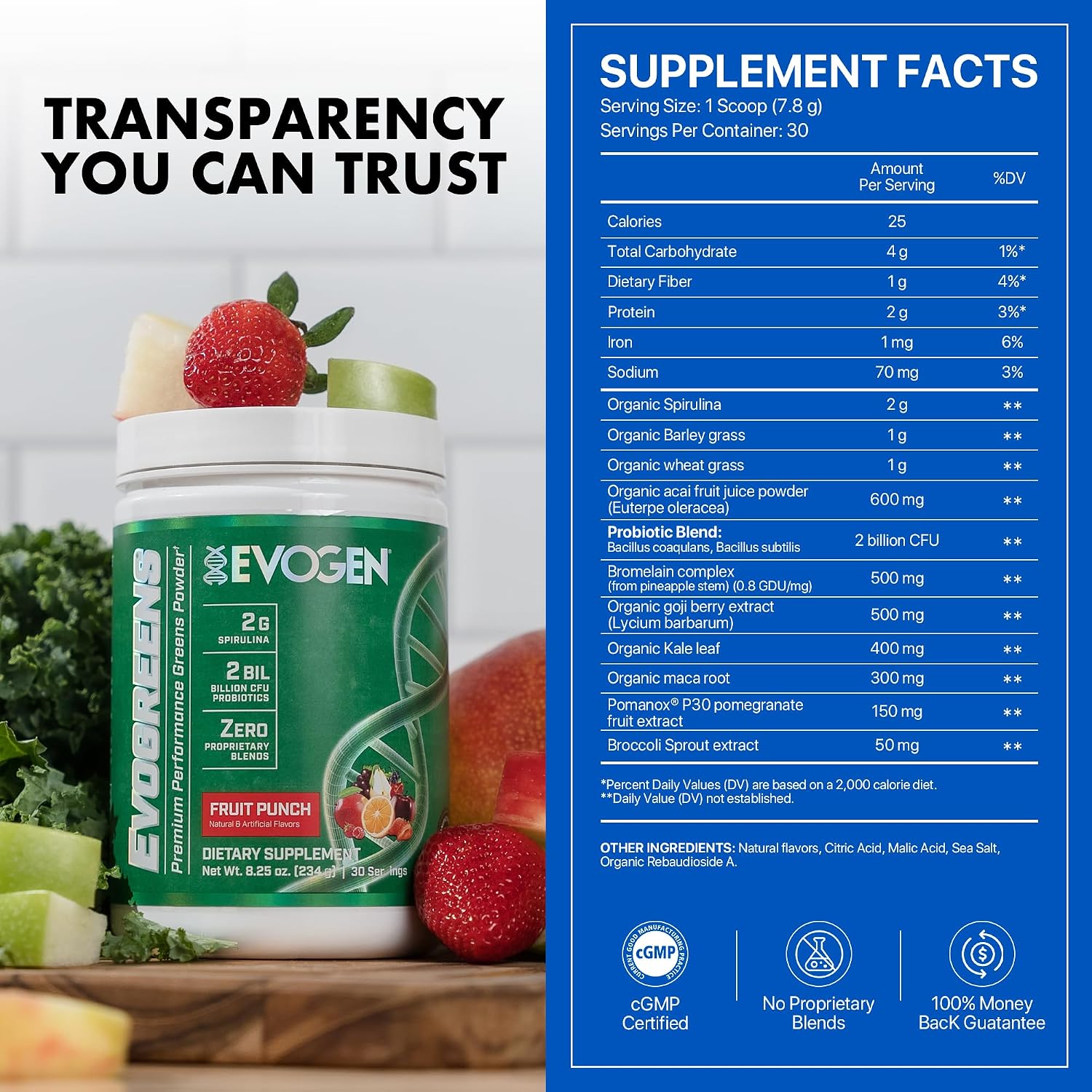 Evogen Evogreens - Super Greens en Polvo con Espirulina, Probióticos y Extracto de Granada Pomanox, Sabor Fruit Punch, 30 Raciones