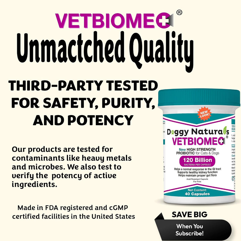 Vetbiome Plus Probióticos de Alta Potencia para Mascotas (160 Cápsulas) - 120 mil millones UFC, Fórmula de 9 Cepas - Probado por Terceros - Fabricado en EE.UU.