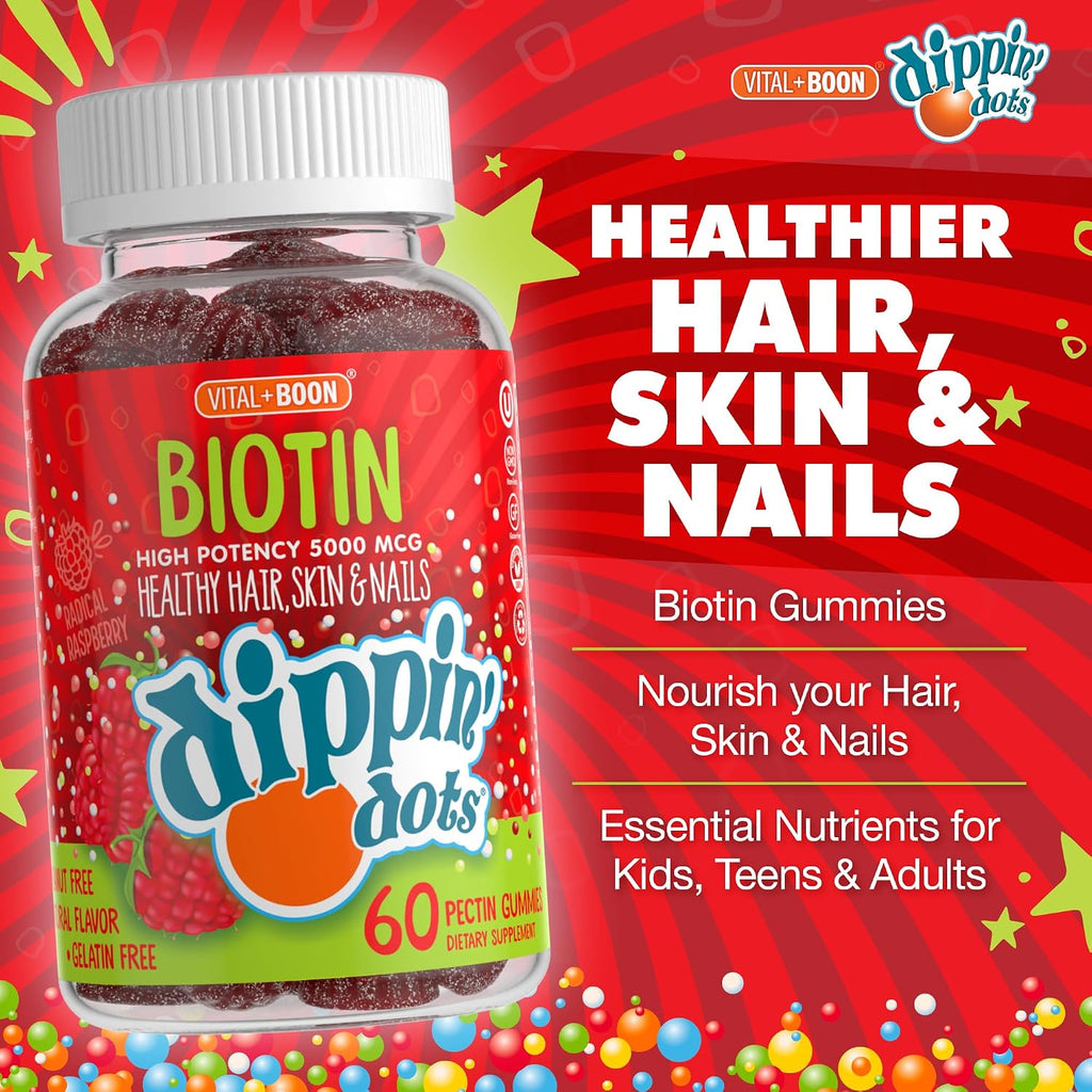 Dippin' Dots - Gominolas de Biotina de Alta Potencia - 5000mcg por Ración (60 Días) Sabor Frambuesa - 2 Paquetes