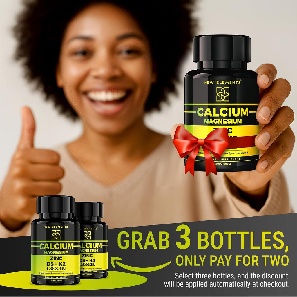 Vitamina D3 K2 con Magnesio, Zinc y Calcio | 10.000 UI D3, 200 mcg K2 MK7, 1500 mg Magnesio Glicinato | Vegano, Non-GMO
