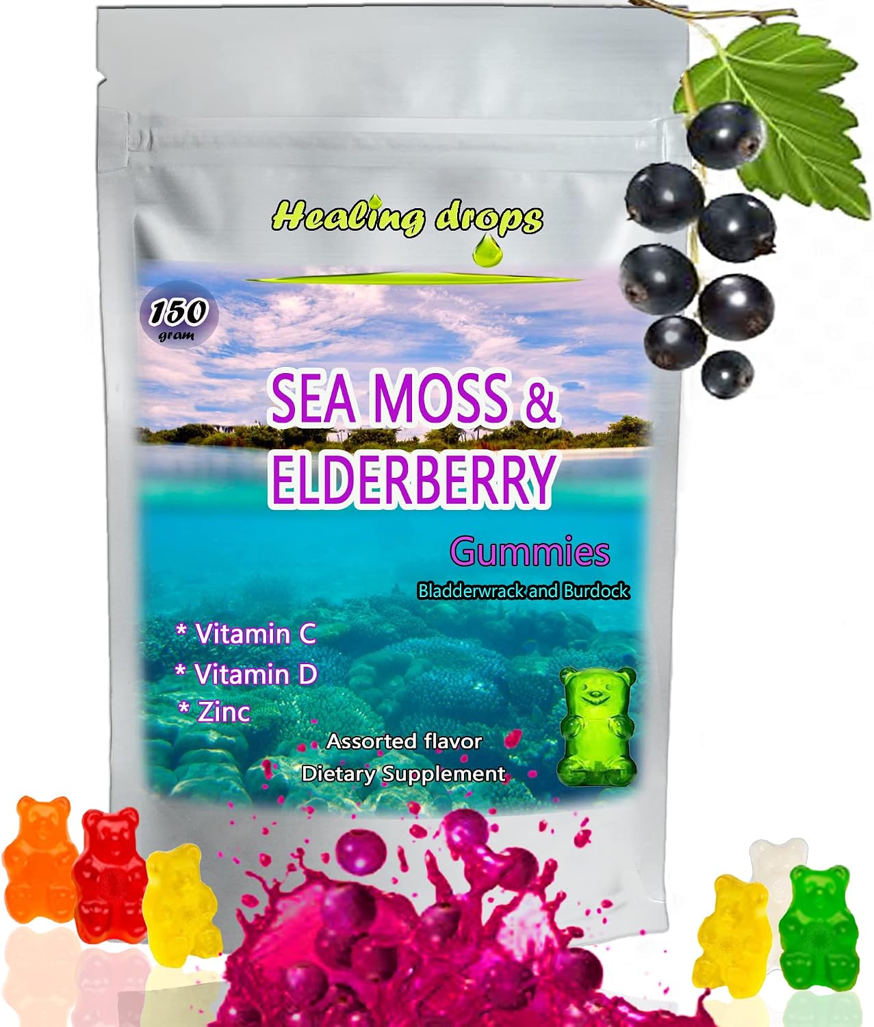 HEALING DROPS Gominolas de Musgo de Mar Irlandés - Ecológico, Vegano, Sin Gluten - Sabor Saúco