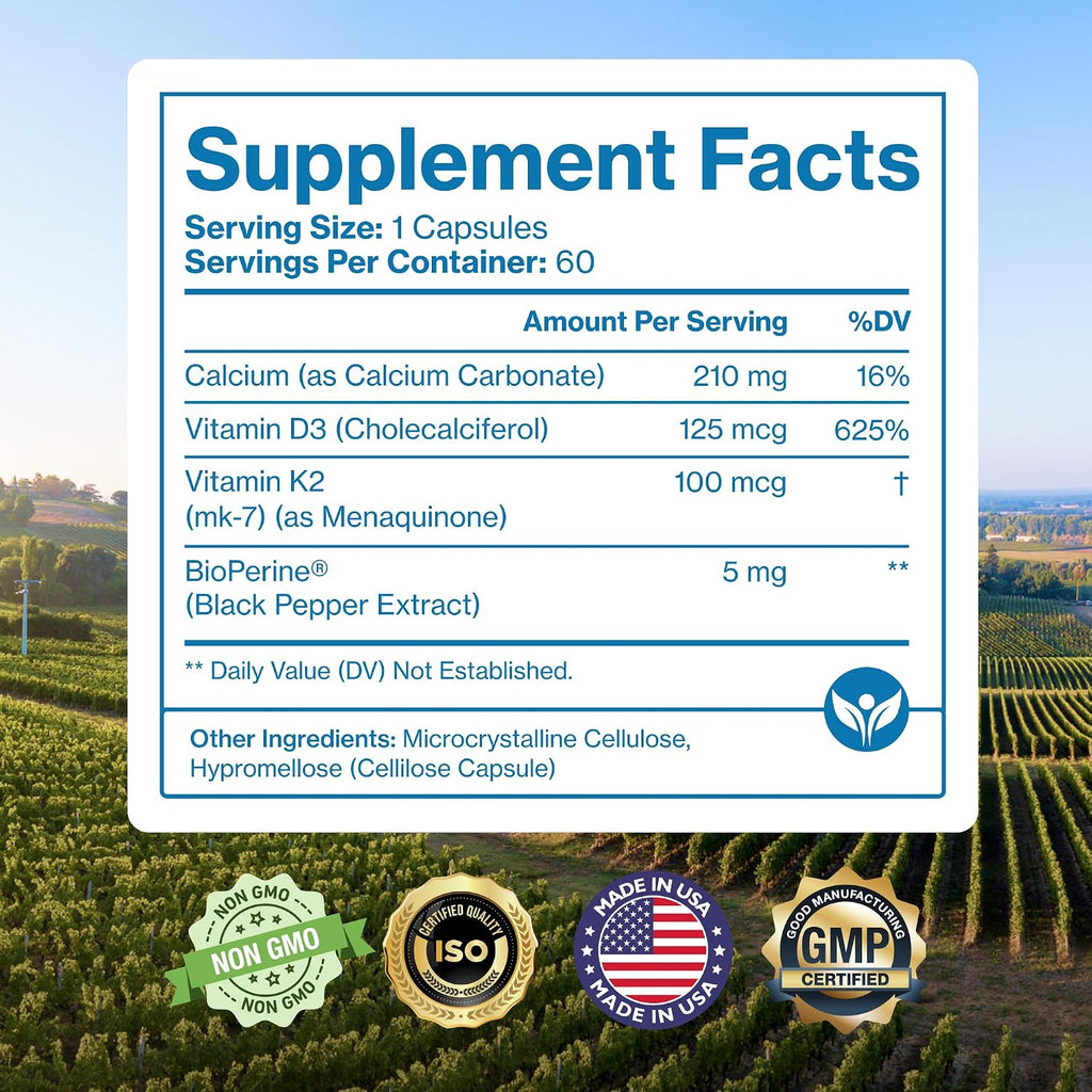Pure Micronutrients Vitamina D3 K2 - MK7 100mcg, D3 5000 UI, con BioPerine - Vegano - 60 Cápsulas