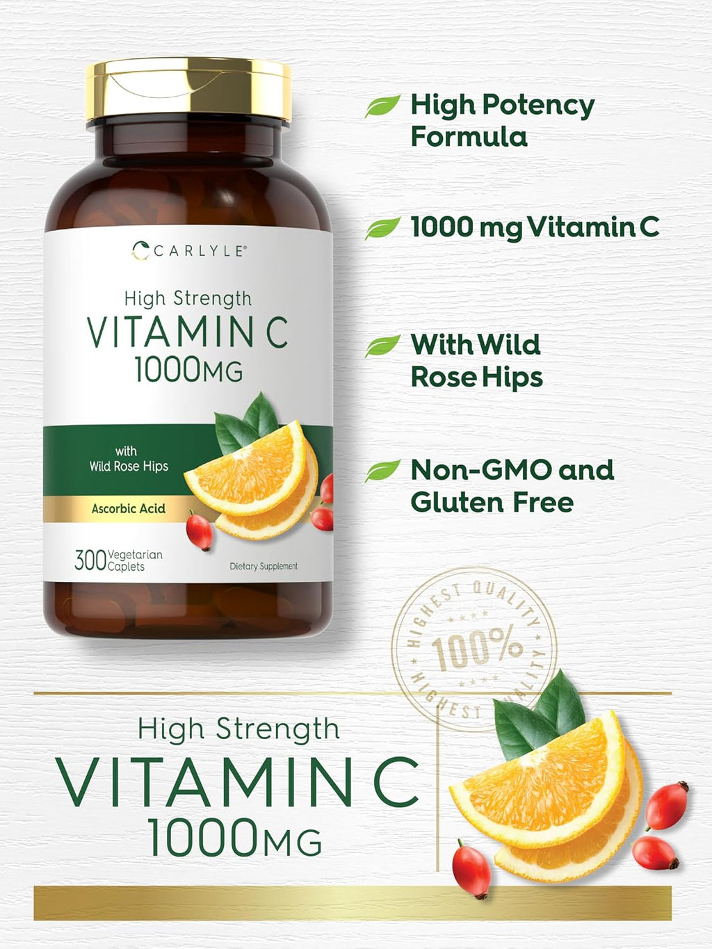 Carlyle Vitamina C 1000 mg con Escaramujo | 300 Caplets Vegetarianos | Fórmula de Alta Potencia