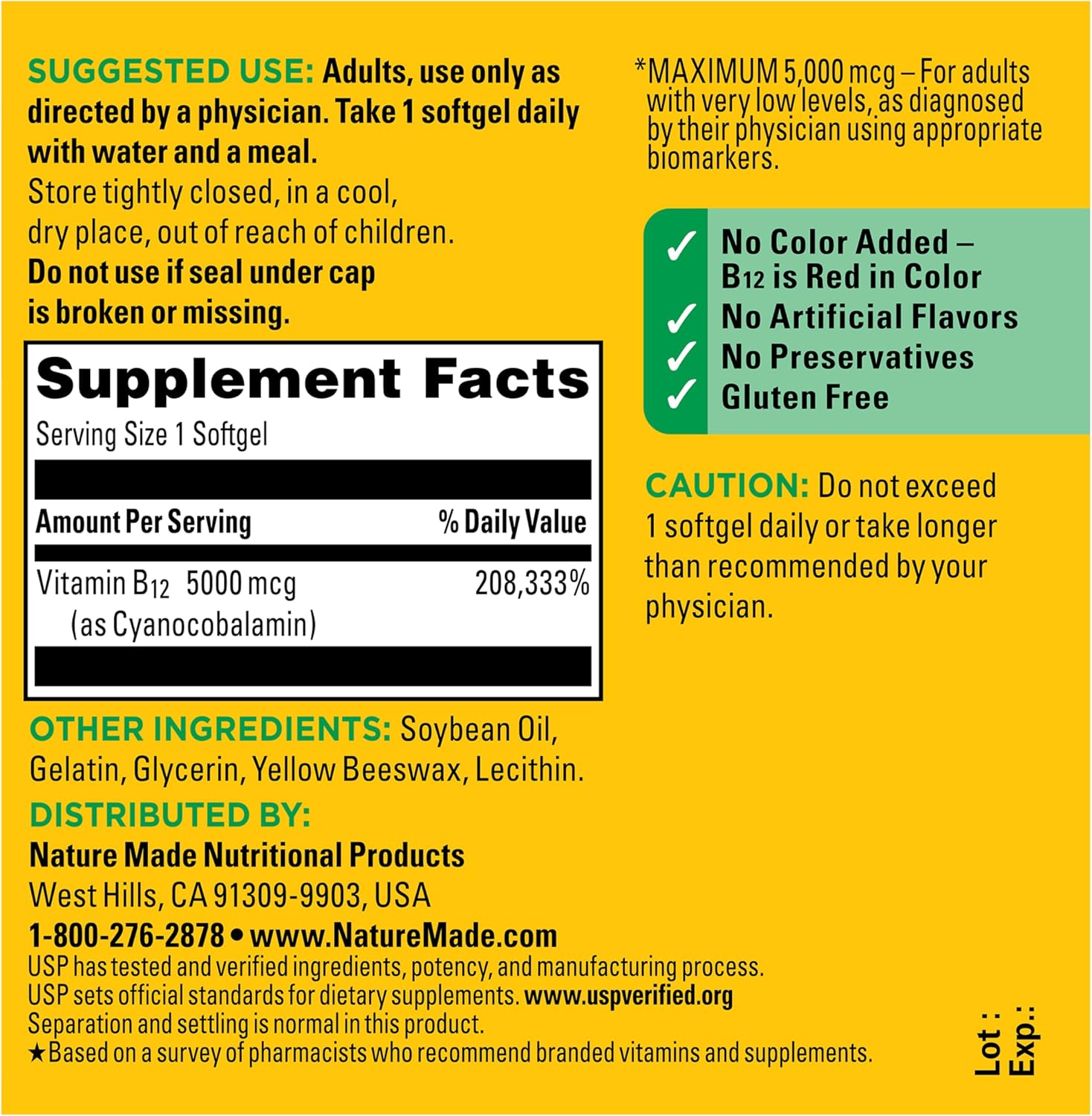 Nature Made Vitamina B12 5000 mcg, 60 Softgels