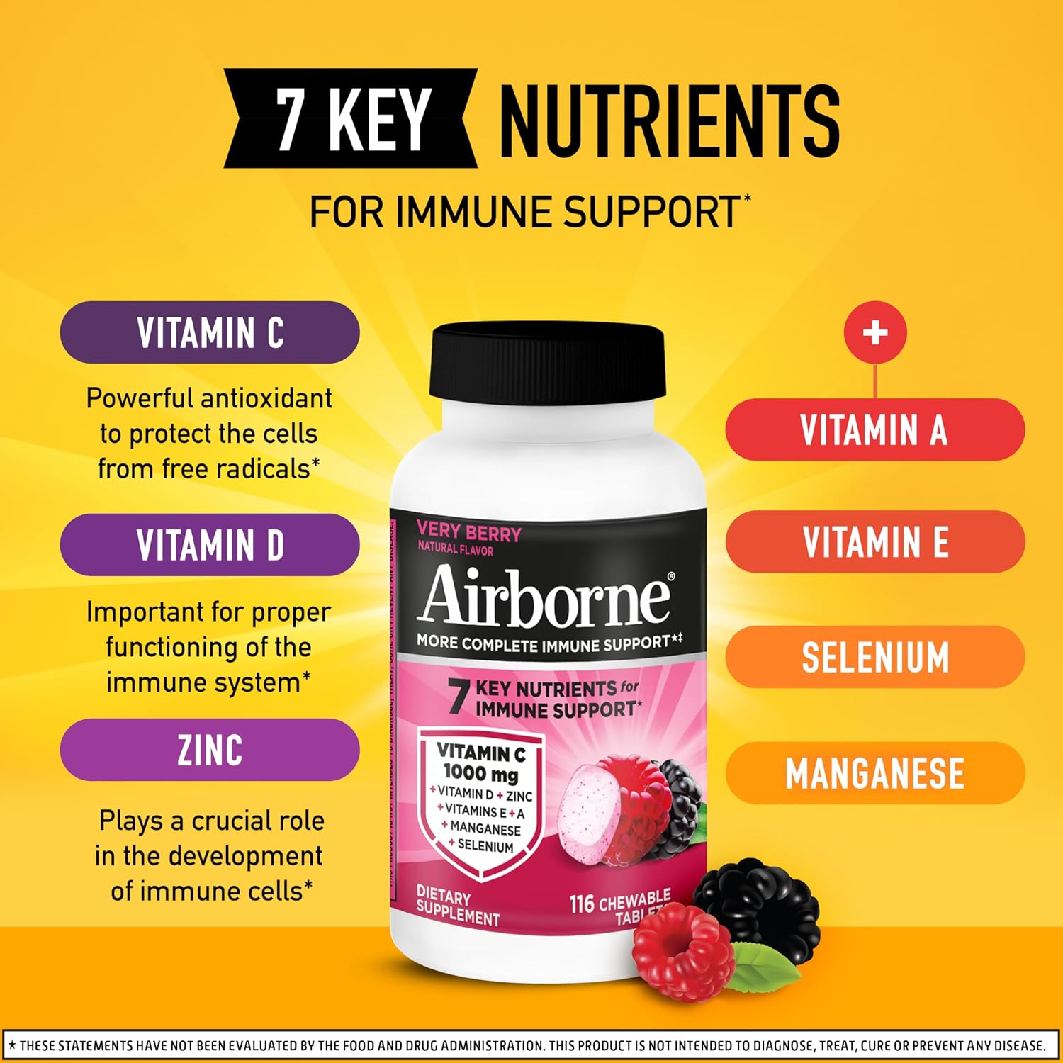 Airborne Muy Bayas Comprimidos Masticables - Vitamina C 1000 mg, 116 unidades