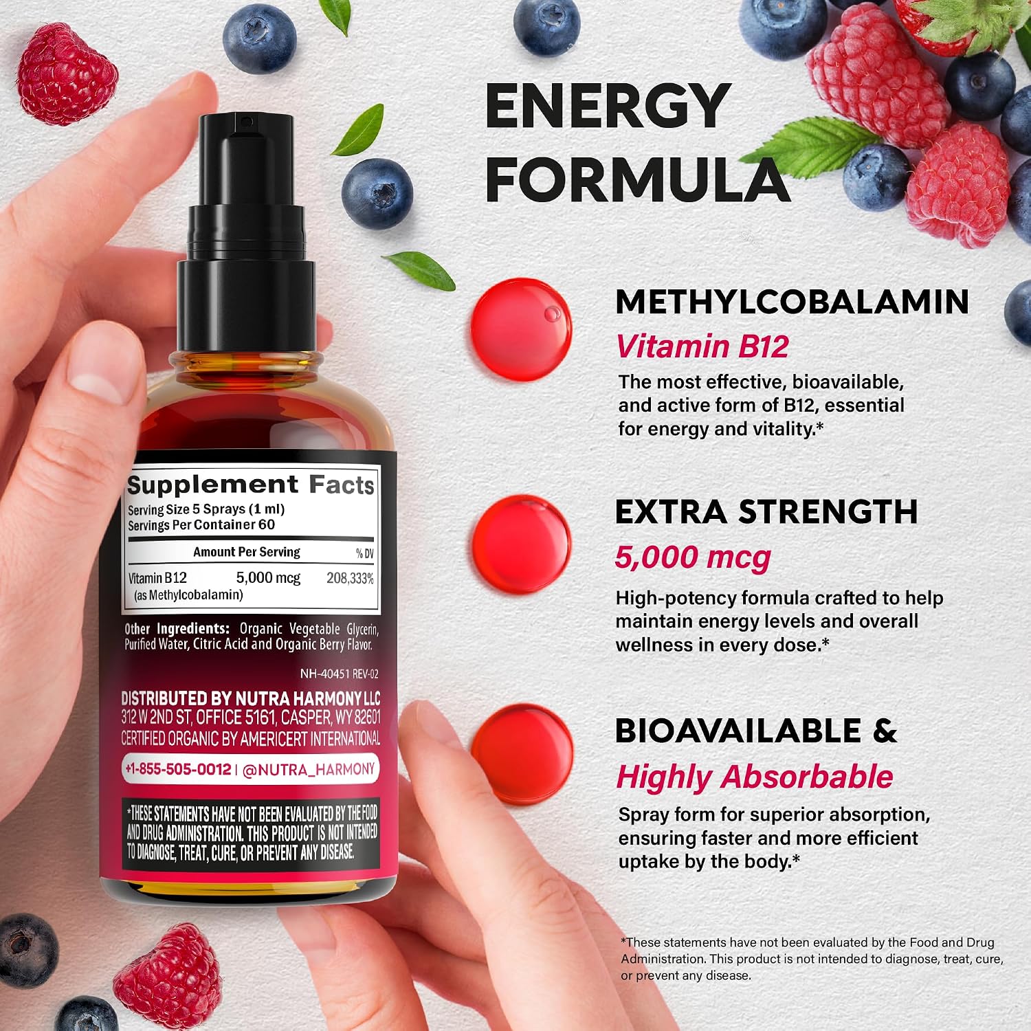 Spray Sublingual de Vitamina B12 Orgánico USDA - 5000 mcg - Metilcobalamina - 60 ml (2 Meses)