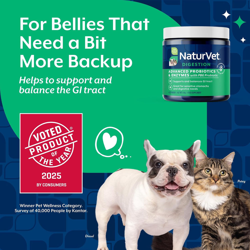 NaturVet Probióticos y Enzimas Avanzados con Probiótico PB6 de Fuerza Veterinaria - Apoya y Equilibra Mascotas con Estómagos Sensibles - para Perros y Gatos (113 g)