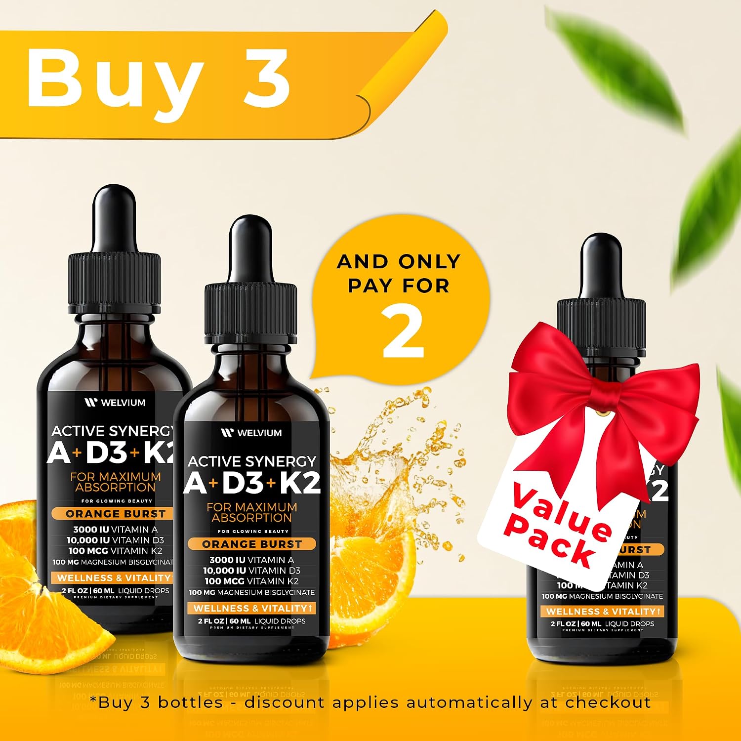 WELVIUM 7-en-1 Gotas Líquidas de Vitamina D3 K2 con Magnesio, 10.000 UI, MK-7, Vitamina A, Calcio, Aceite MCT y Lecitina de Girasol Orgánica