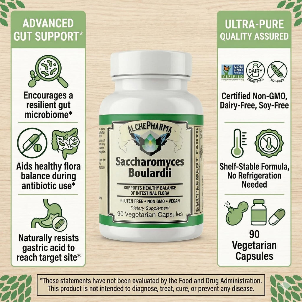 AlchePharma Saccharomyces Boulardii - Probiótico con 5B UFC y FOS Prebiótico