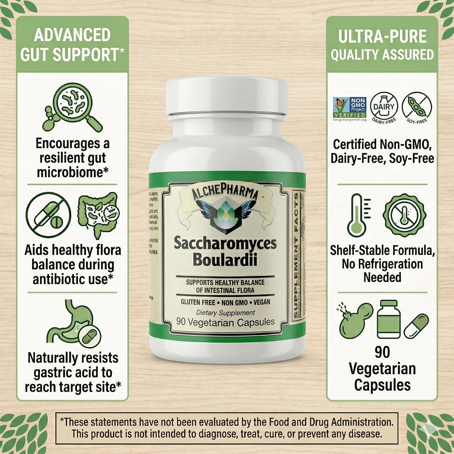 AlchePharma Saccharomyces Boulardii - Probiótico con 5B UFC y FOS Prebiótico