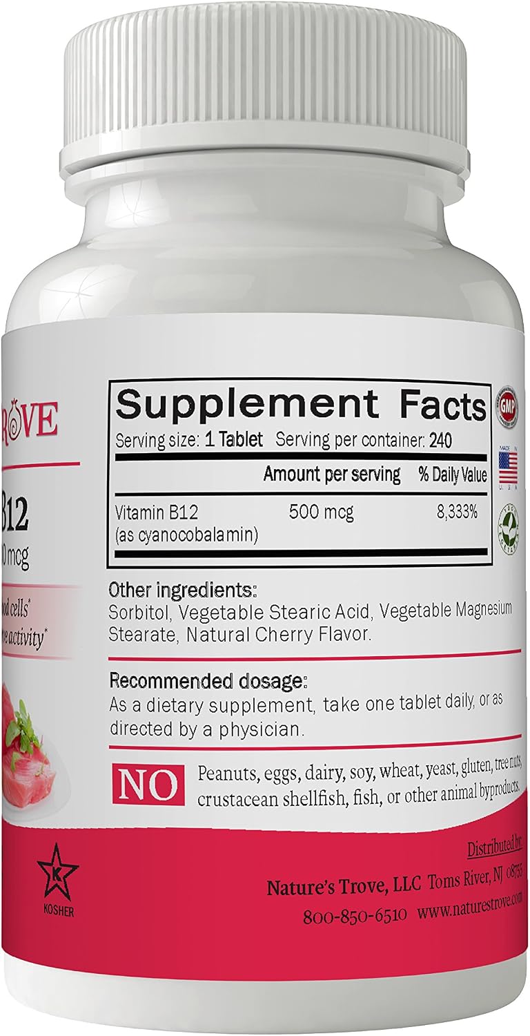 Vitamina B12 500 mcg de Nature's Trove - 240 comprimidos masticables EZ sabor cereza