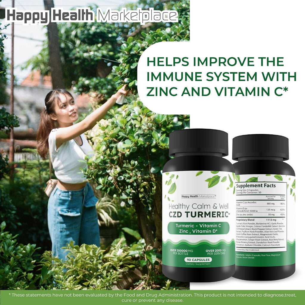 Healthy Calm & Well CDZ Cápsulas - Suplemento de Vitamina C, D, Zinc y Cúrcuma con Magnesio
