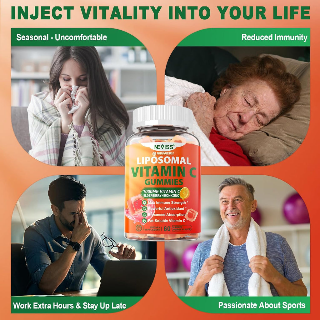 Liposomal Vitamin C 1000mg Gummies - Gomitas de Vitamina C Liposomal con Saúco, Zinc y Hierro, Sin Azúcar, 60 unidades