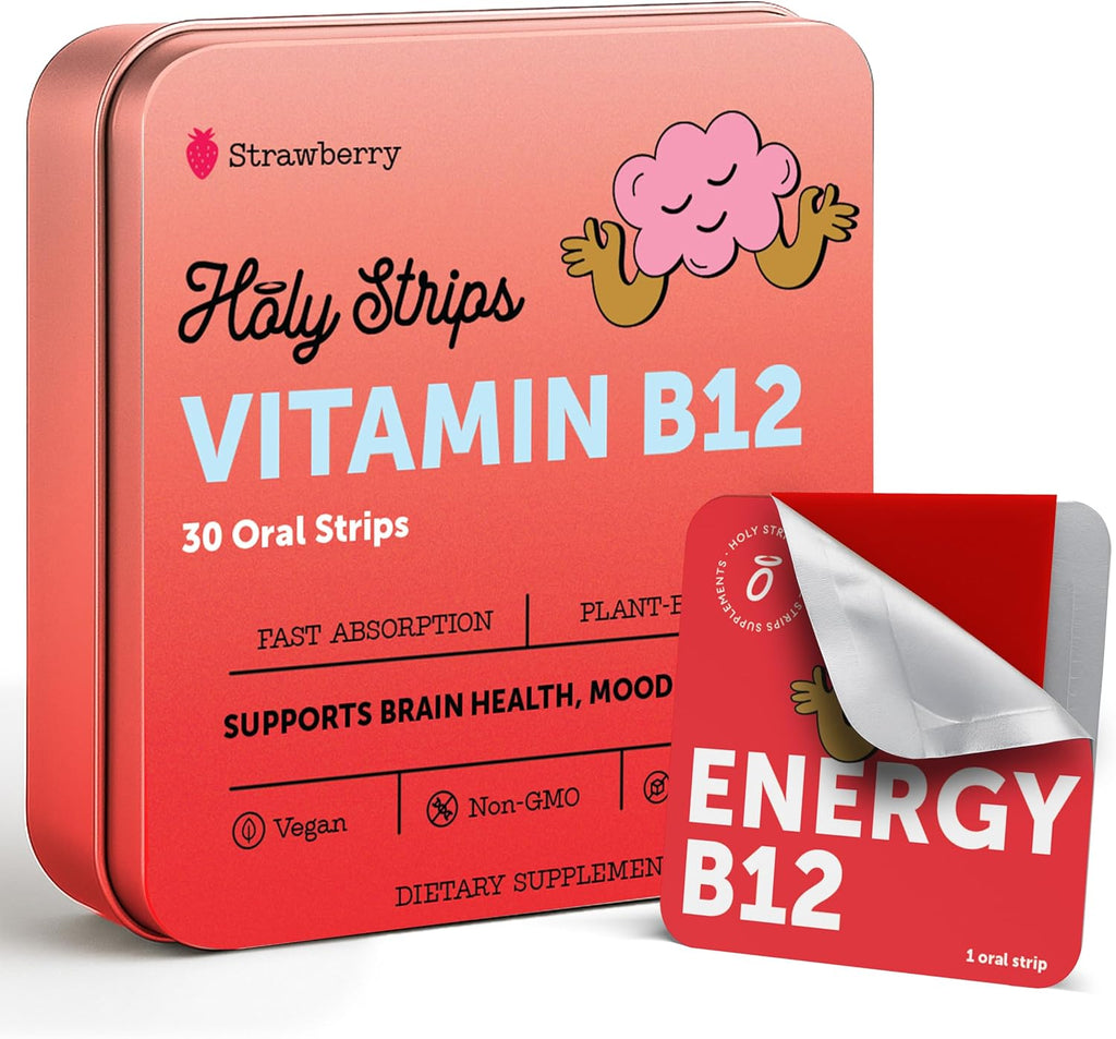 HOLY STRIPS Tiras de Vitamina B12 – Absorción Rápida, Vegano, Sin OGM, Sin Azúcar, Sabor Fresa, 30 unidades