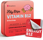 HOLY STRIPS Tiras de Vitamina B12 – Absorción Rápida, Vegano, Sin OGM, Sin Azúcar, Sabor Fresa, 30 unidades