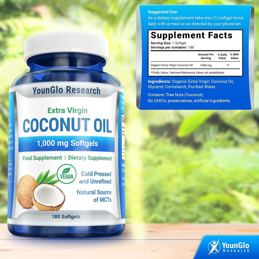 YounGlo Research Coconut Oil 1000 mg 100% Cold Pressed Organic Extra Virgin 180 Veggie Capsules