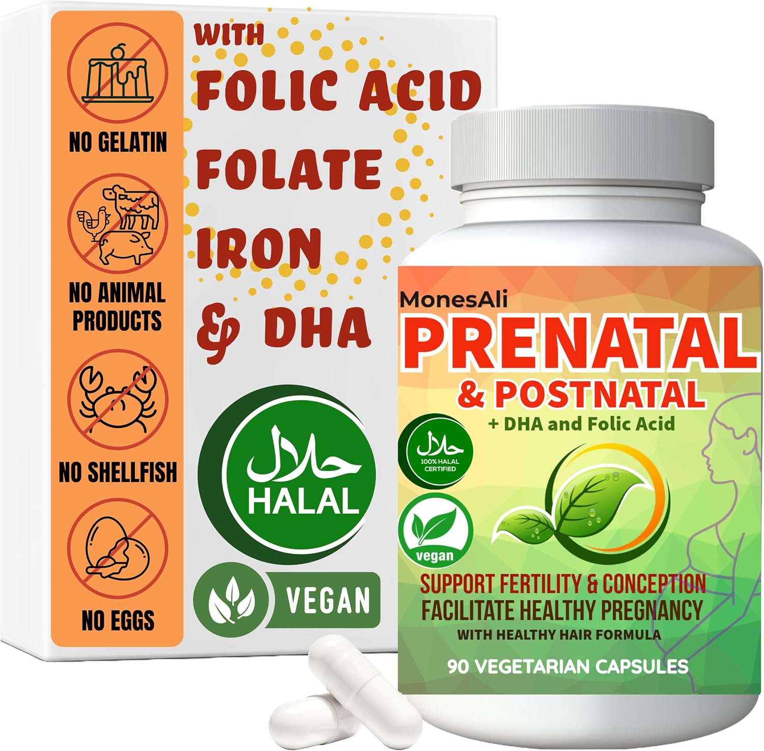 Vitaminas Prenatales para Mujeres | Postnatal | Vegano, Halal Sin Gelatina | con Folato, Hierro y Biotina | Apoyo para el Embarazo, Energía Postparto y Salud Capilar, 90 Cápsulas