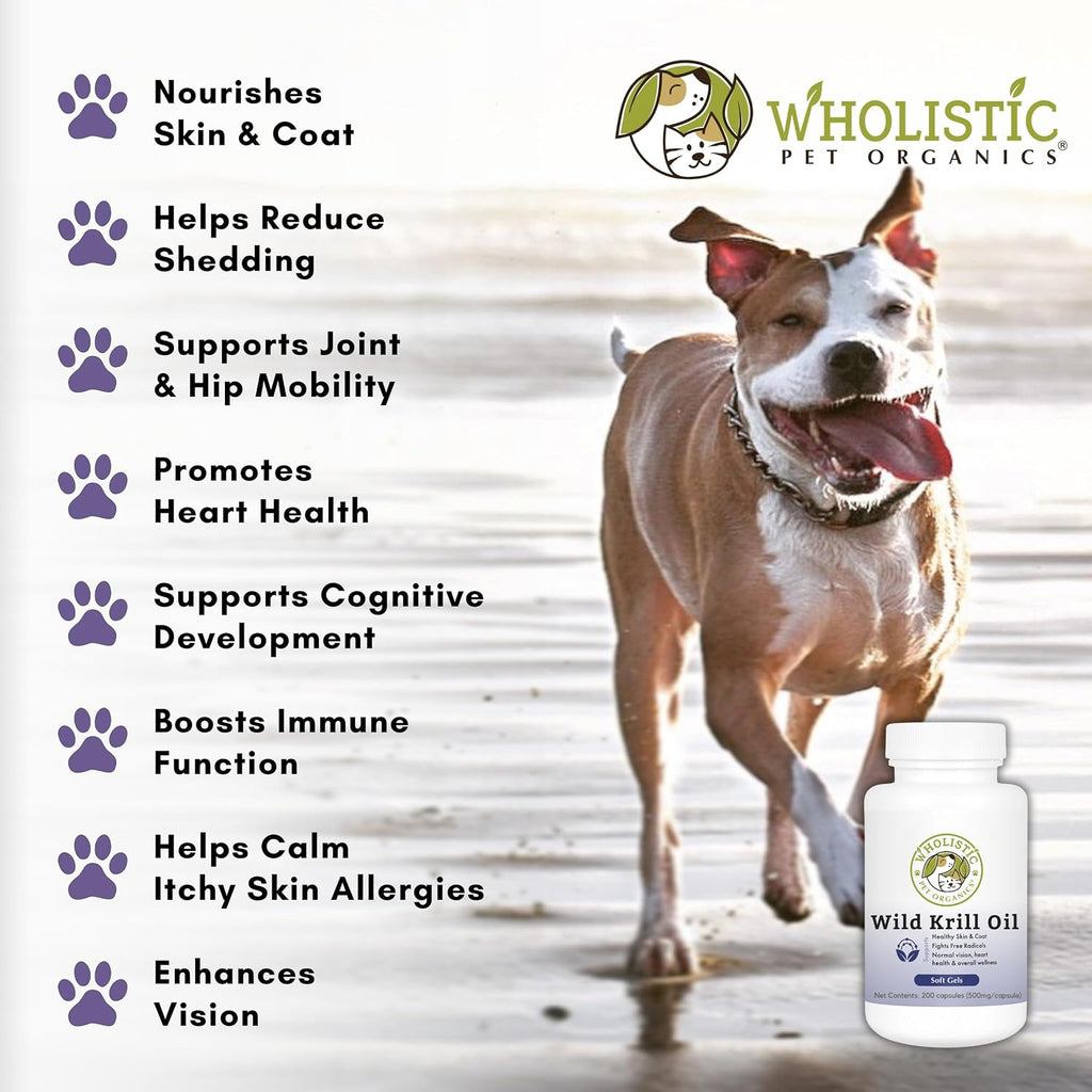 Wholistic Pet Organics Aceite de Krill para Perros y Gatos - Suplemento Antioxidante Premium - Apoyo para Piel y Pelaje con EPA, DHA, Astaxantina - Omega 3 para Perros y Gatos - 200 Cápsulas blandas