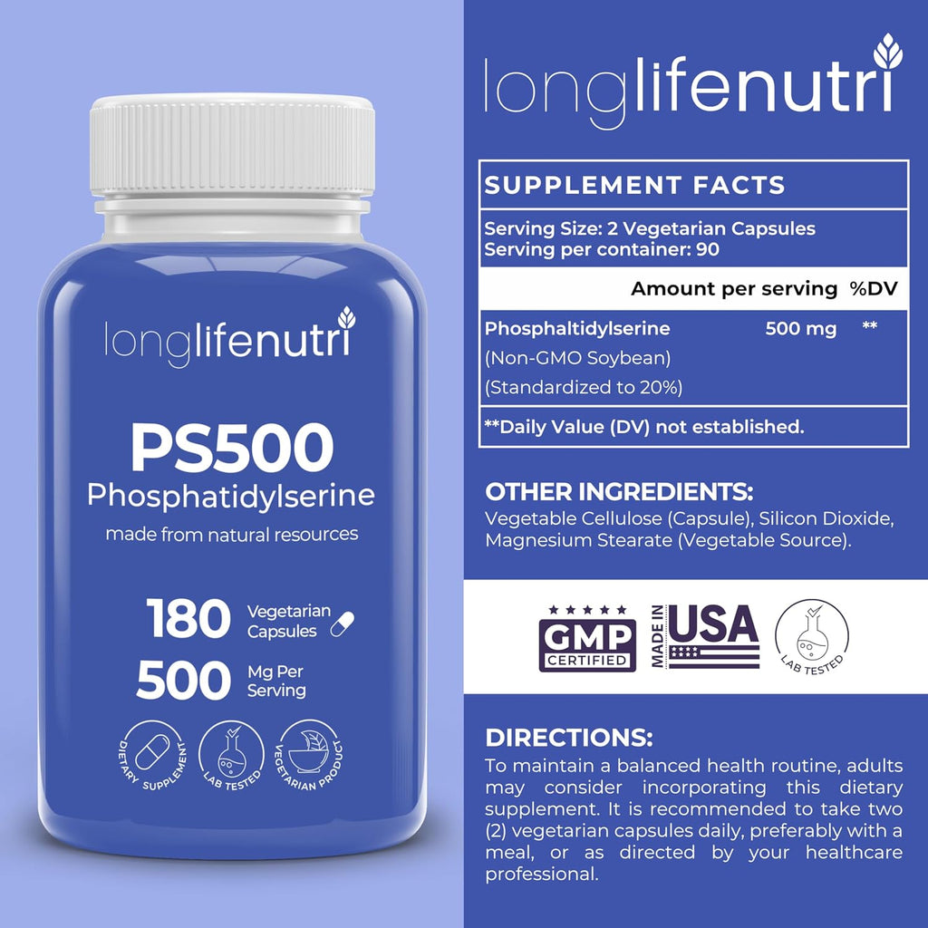 Phosphatidylserine Pure 500mg – 180 Cápsulas Vegetales, 3 Meses de Suministro