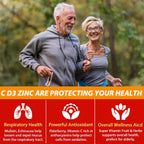 Gominolas Sin Azúcar de Vitamina C + D3 + Zinc para Adultos 50+, 9 en 1 con 5000 UI de D3, Bayas de Saúco, Equinácea, Vegano (Pack de 2)