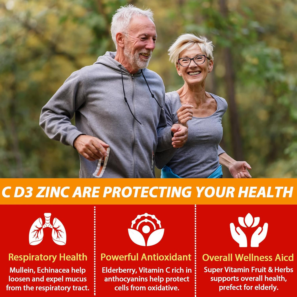 Gominolas Sin Azúcar de Vitamina C + D3 + Zinc para Adultos 50+, 9 en 1 Suplemento Defensa Inmune con D3 5000IU, Saúco, Equinácea, Gordolobo, Antioxidante, Vegano (Pack de 1)