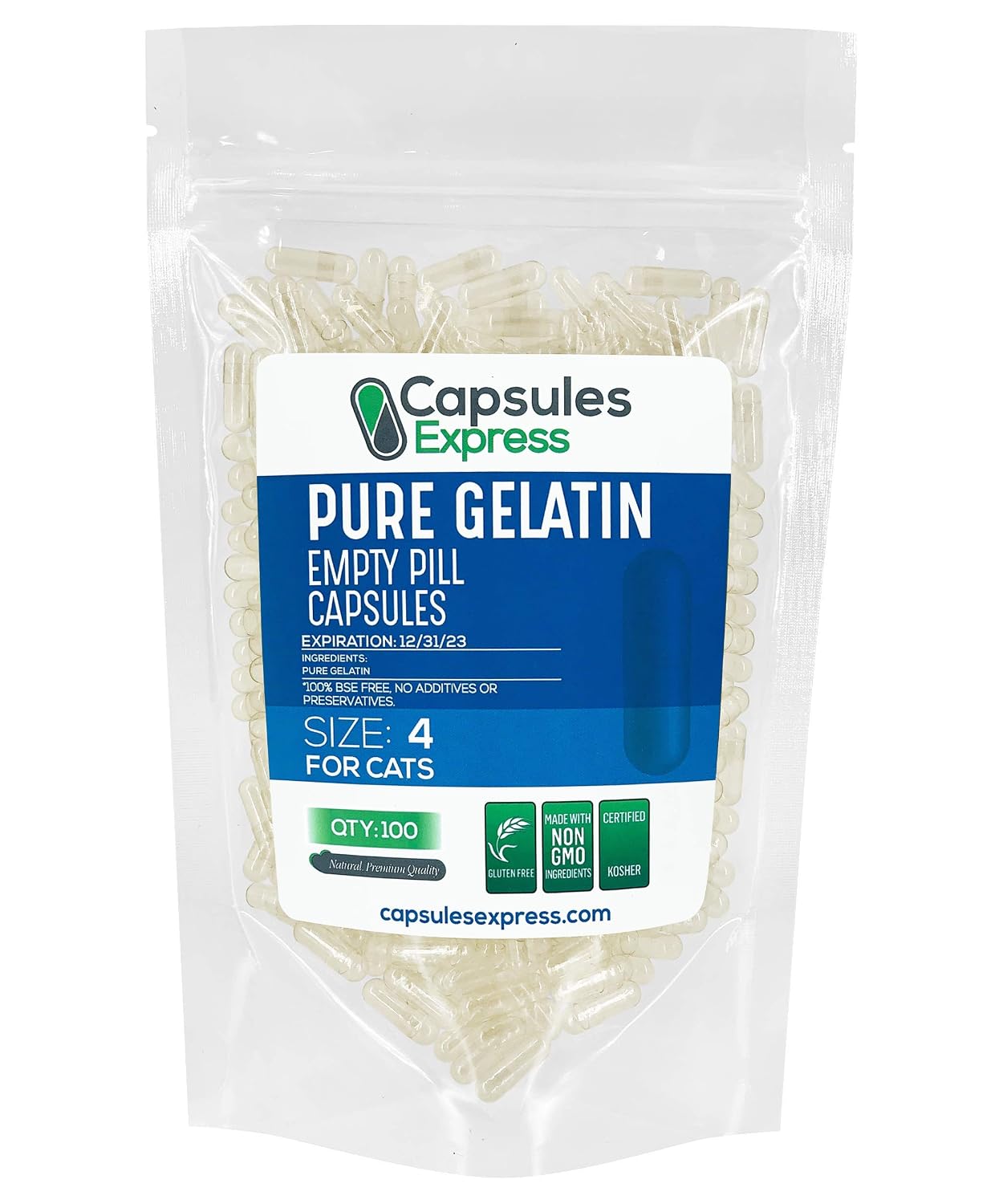 XPRS Nutra Cápsulas Vacías Tamaño 4 para Gatos - Gelatina Bovina Transparente - 100 Unidades