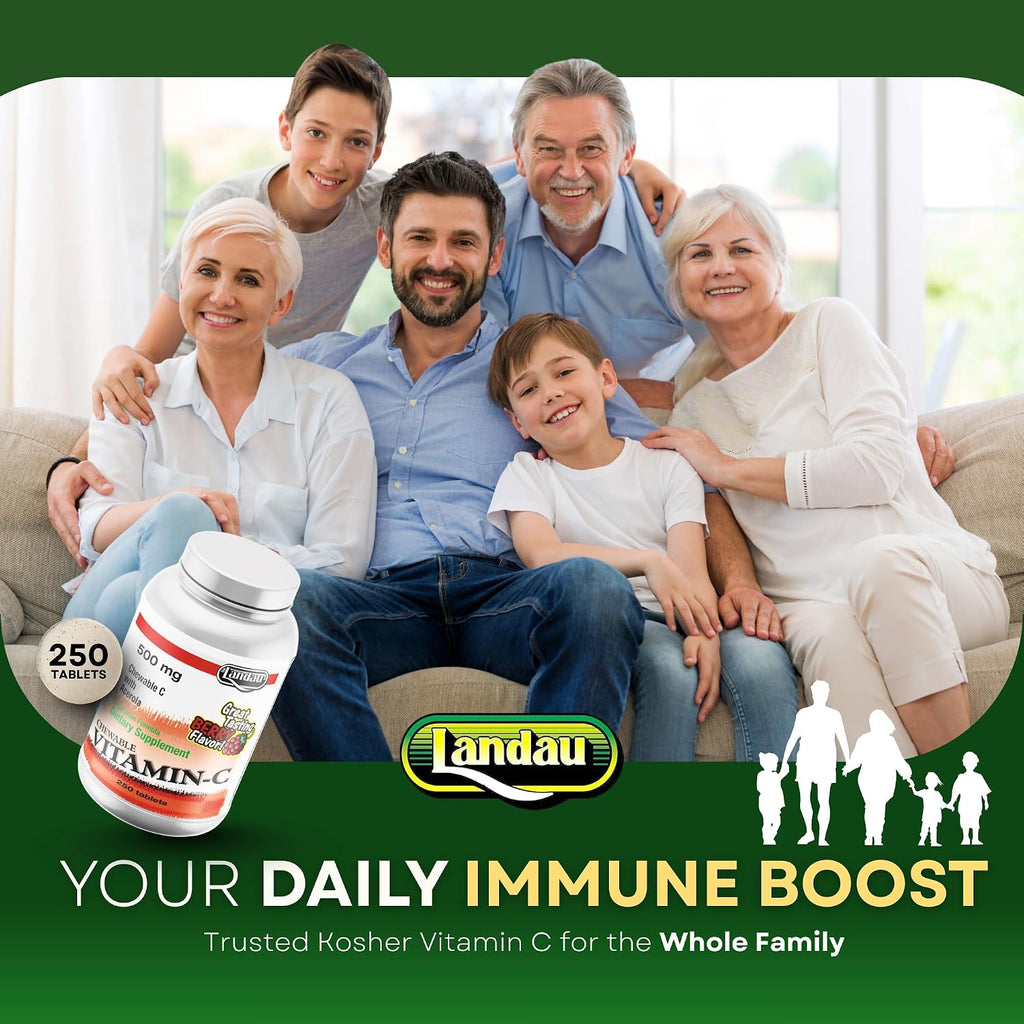 LANDAU 500 mg Vitamina C Masticable con Acerola para Niños y Adultos – Suplemento de Vitamina C – Kosher y Fabricado en EE. UU. – Delicioso Sabor a Bayas, 250 Comprimidos